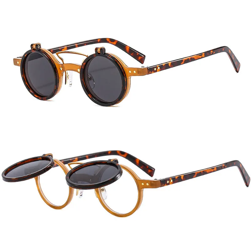 T307 New Small Round Face Frame Punk Double Flip Sunglasses