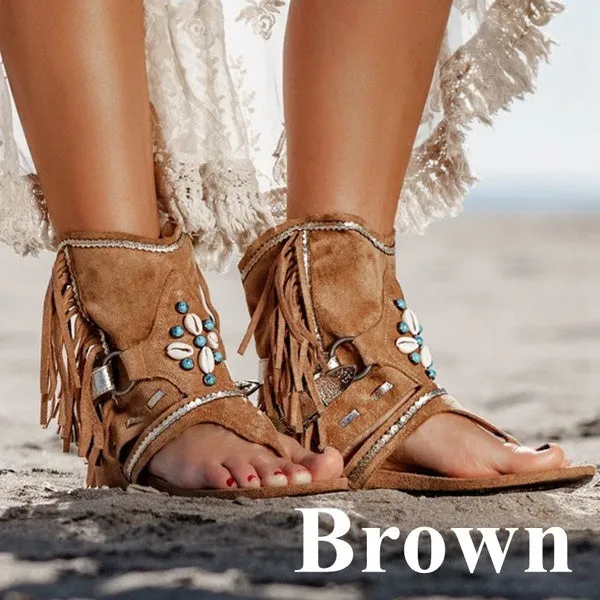 Tassel Roman Boho Sandals Flock Retro Ankle Sandal Shoes Summer Flats Flip Flops Bohemian Beach Boot Shoes