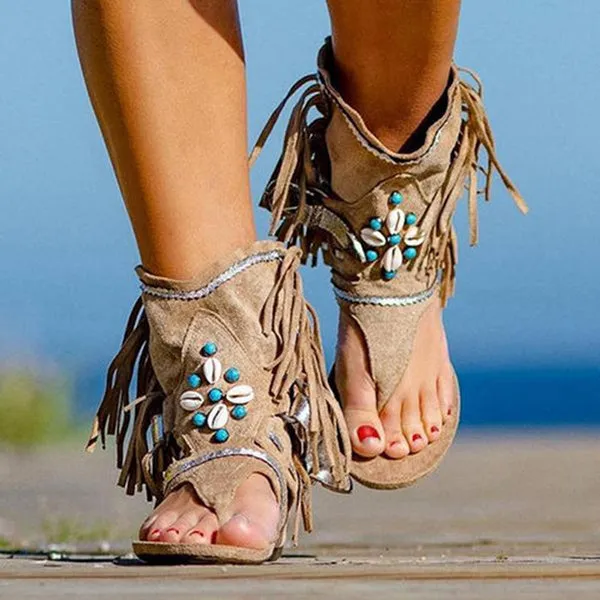 Tassel Roman Boho Sandals Flock Retro Ankle Sandal Shoes Summer Flats Flip Flops Bohemian Beach Boot Shoes