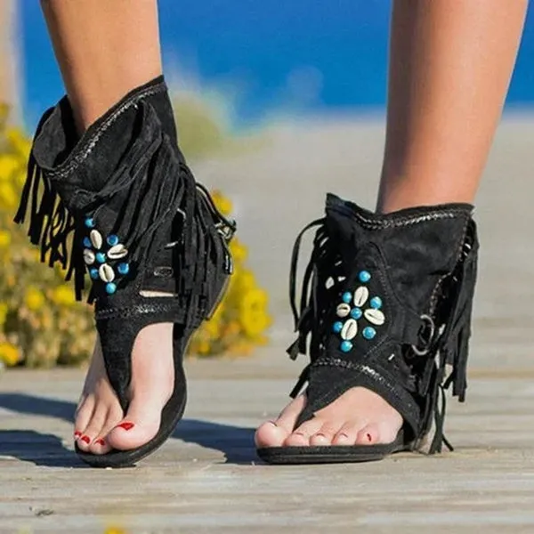 Tassel Roman Boho Sandals Flock Retro Ankle Sandal Shoes Summer Flats Flip Flops Bohemian Beach Boot Shoes