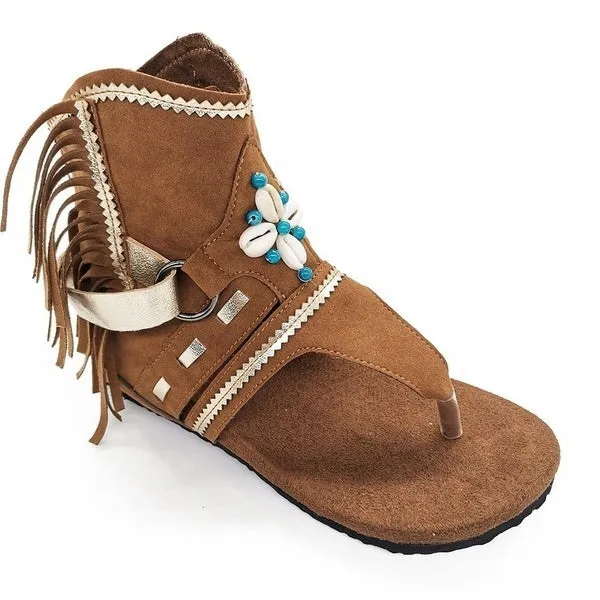 Tassel Roman Boho Sandals Flock Retro Ankle Sandal Shoes Summer Flats Flip Flops Bohemian Beach Boot Shoes