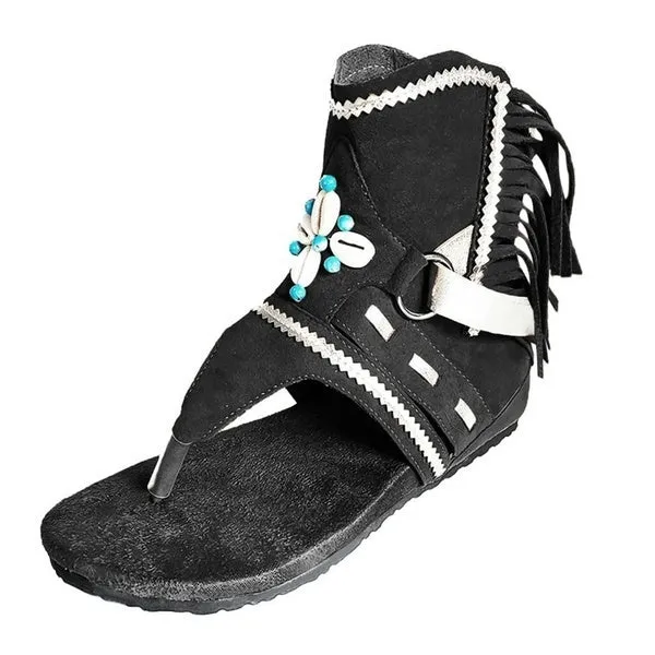 Tassel Roman Boho Sandals Flock Retro Ankle Sandal Shoes Summer Flats Flip Flops Bohemian Beach Boot Shoes