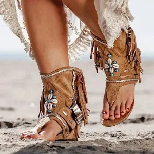 Tassel Roman Boho Sandals Flock Retro Ankle Sandal Shoes Summer Flats Flip Flops Bohemian Beach Boot Shoes