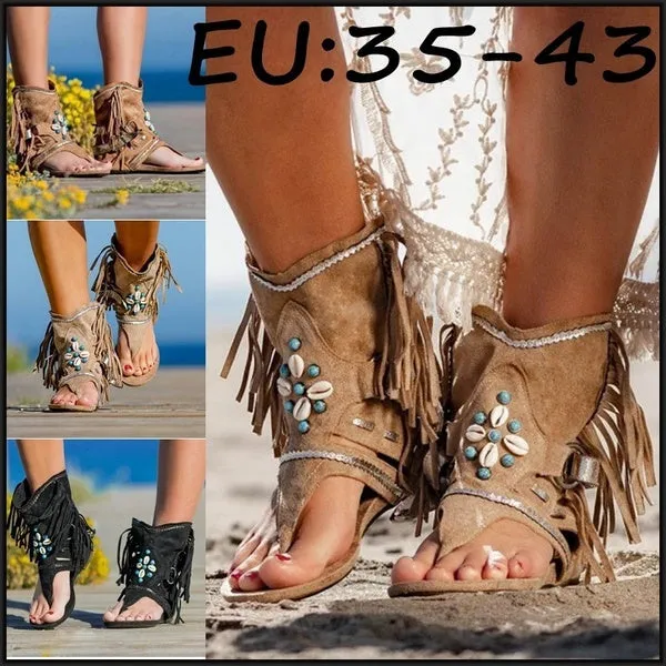 Tassel Roman Boho Sandals Flock Retro Ankle Sandal Shoes Summer Flats Flip Flops Bohemian Beach Boot Shoes