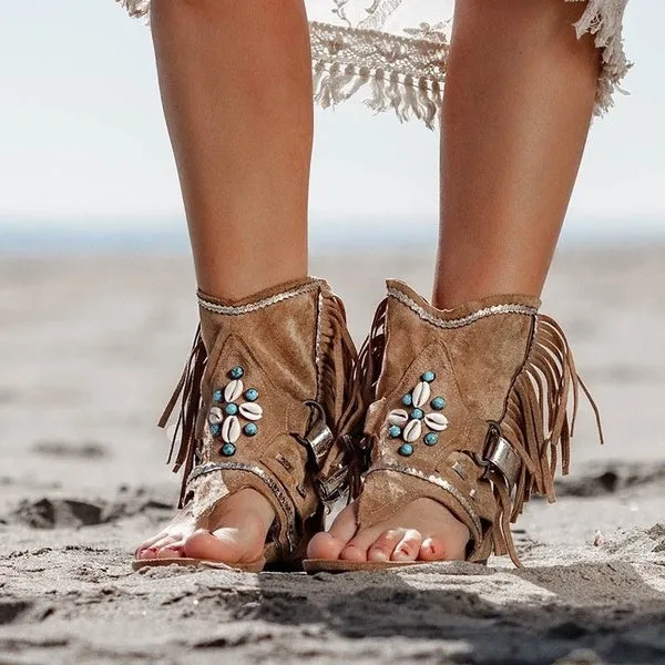 Tassel Roman Boho Sandals Flock Retro Ankle Sandal Shoes Summer Flats Flip Flops Bohemian Beach Boot Shoes