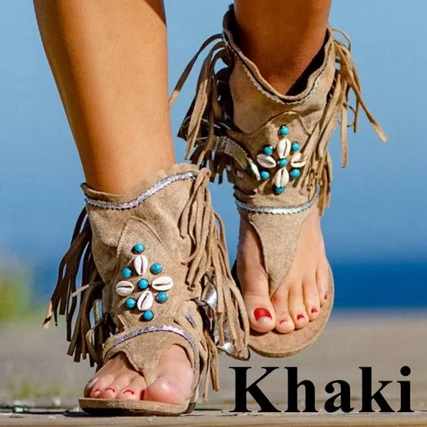 Tassel Roman Boho Sandals Flock Retro Ankle Sandal Shoes Summer Flats Flip Flops Bohemian Beach Boot Shoes