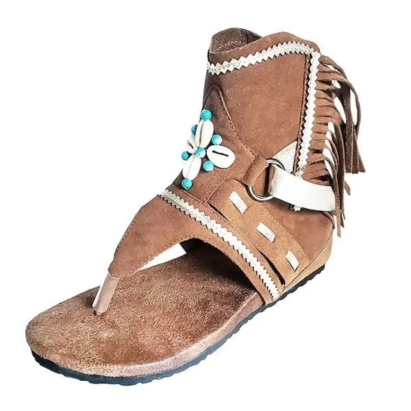 Tassel Roman Boho Sandals Flock Retro Ankle Sandal Shoes Summer Flats Flip Flops Bohemian Beach Boot Shoes