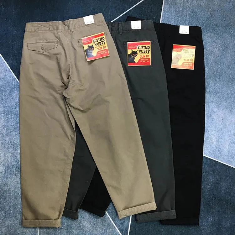 Washed Old 100% Cotton Woven Tapered Cargo Pants - Men's Fashion Casual Loose Straight Trousers for City Life