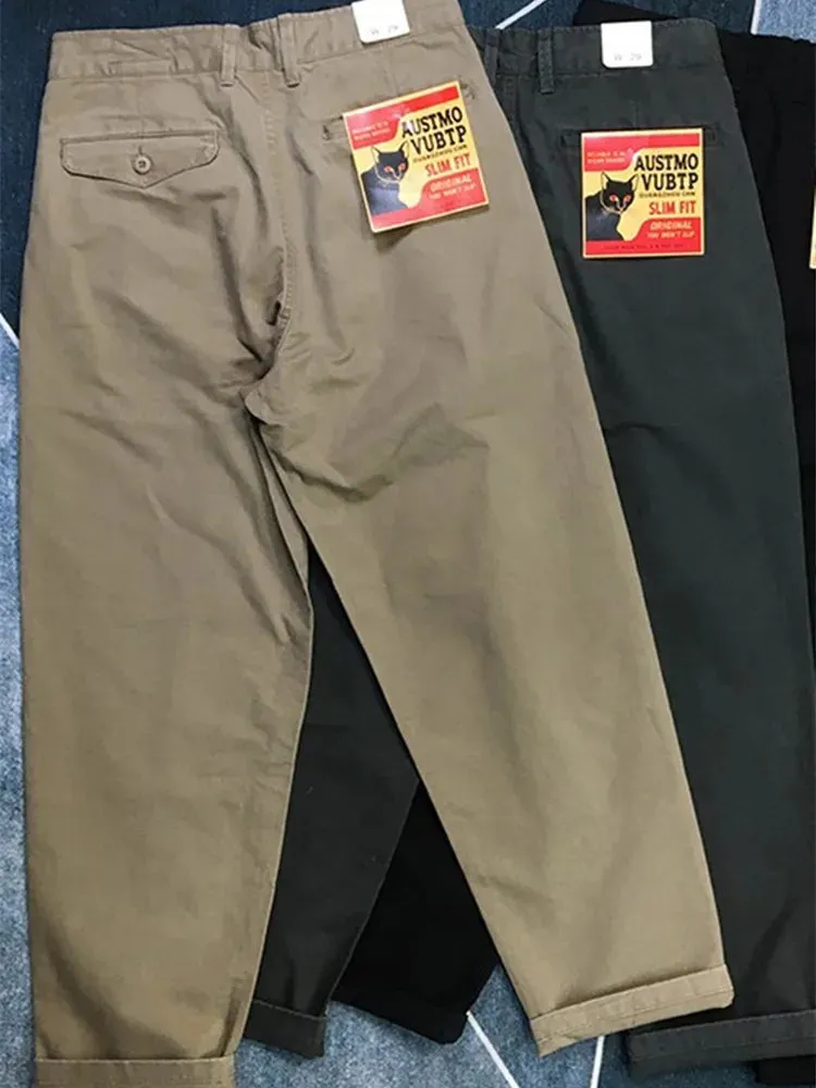 Washed Old 100% Cotton Woven Tapered Cargo Pants - Men's Fashion Casual Loose Straight Trousers for City Life