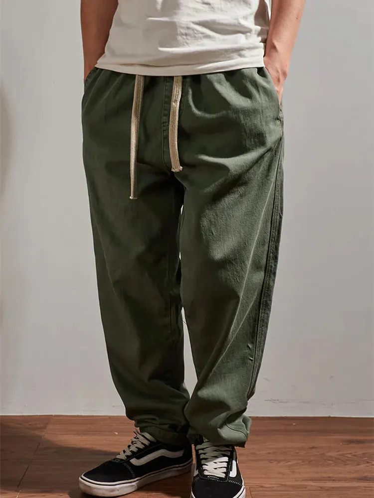 Washed Retro Twill Woven Straight Pants - Men's Casual Loose Trousers with Elastic Waist Drawstring in 100% Cotton