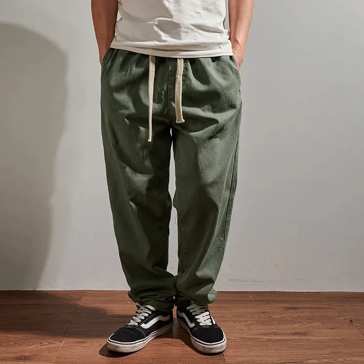 Washed Retro Twill Woven Straight Pants - Men's Casual Loose Trousers with Elastic Waist Drawstring in 100% Cotton