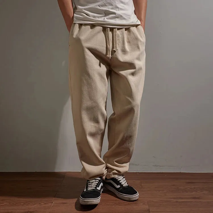 Washed Retro Twill Woven Straight Pants - Men's Casual Loose Trousers with Elastic Waist Drawstring in 100% Cotton