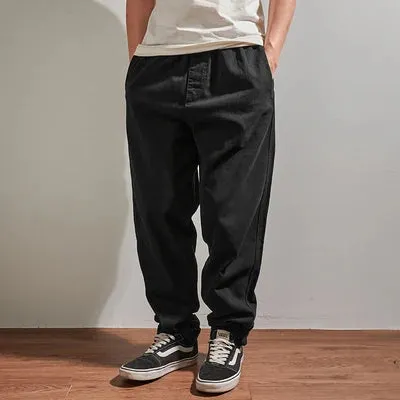 Washed Retro Twill Woven Straight Pants - Men's Casual Loose Trousers with Elastic Waist Drawstring in 100% Cotton
