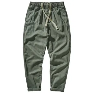 Washed Retro Twill Woven Straight Pants - Men's Casual Loose Trousers with Elastic Waist Drawstring in 100% Cotton