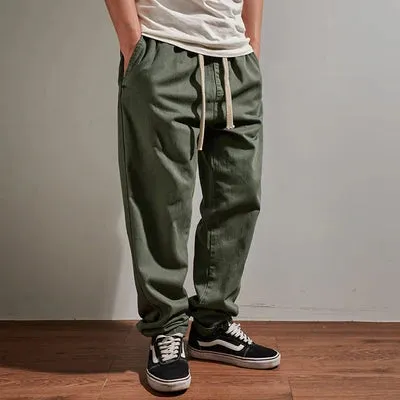 Washed Retro Twill Woven Straight Pants - Men's Casual Loose Trousers with Elastic Waist Drawstring in 100% Cotton