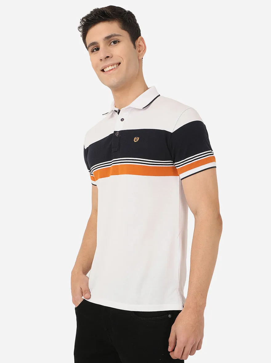 White & Blue Striped Slim Fit Polo T-Shirt | JadeBlue