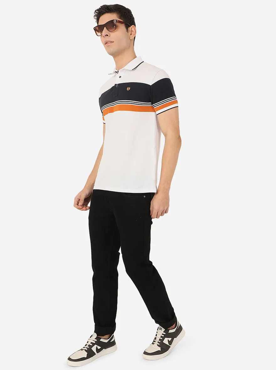 White & Blue Striped Slim Fit Polo T-Shirt | JadeBlue