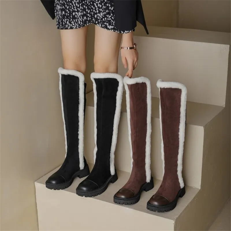 Winter Wool Women Long Boots Soft Leather Shoes