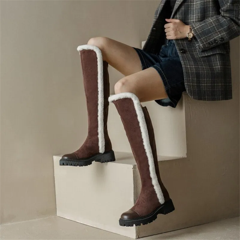Winter Wool Women Long Boots Soft Leather Shoes