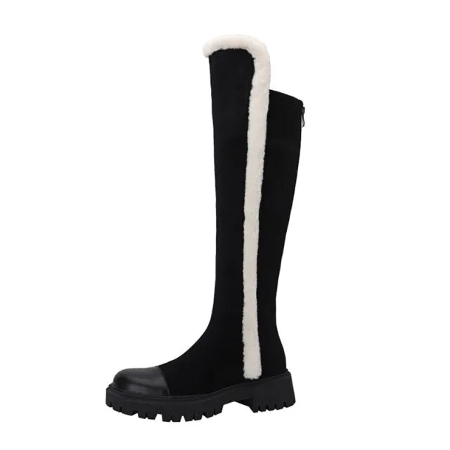 Winter Wool Women Long Boots Soft Leather Shoes