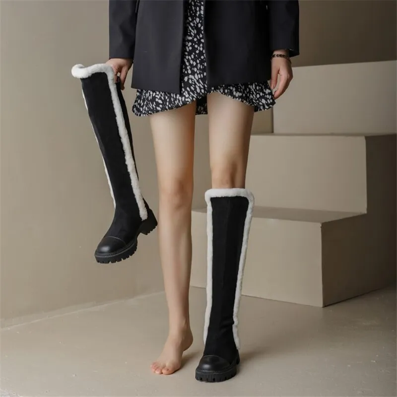 Winter Wool Women Long Boots Soft Leather Shoes