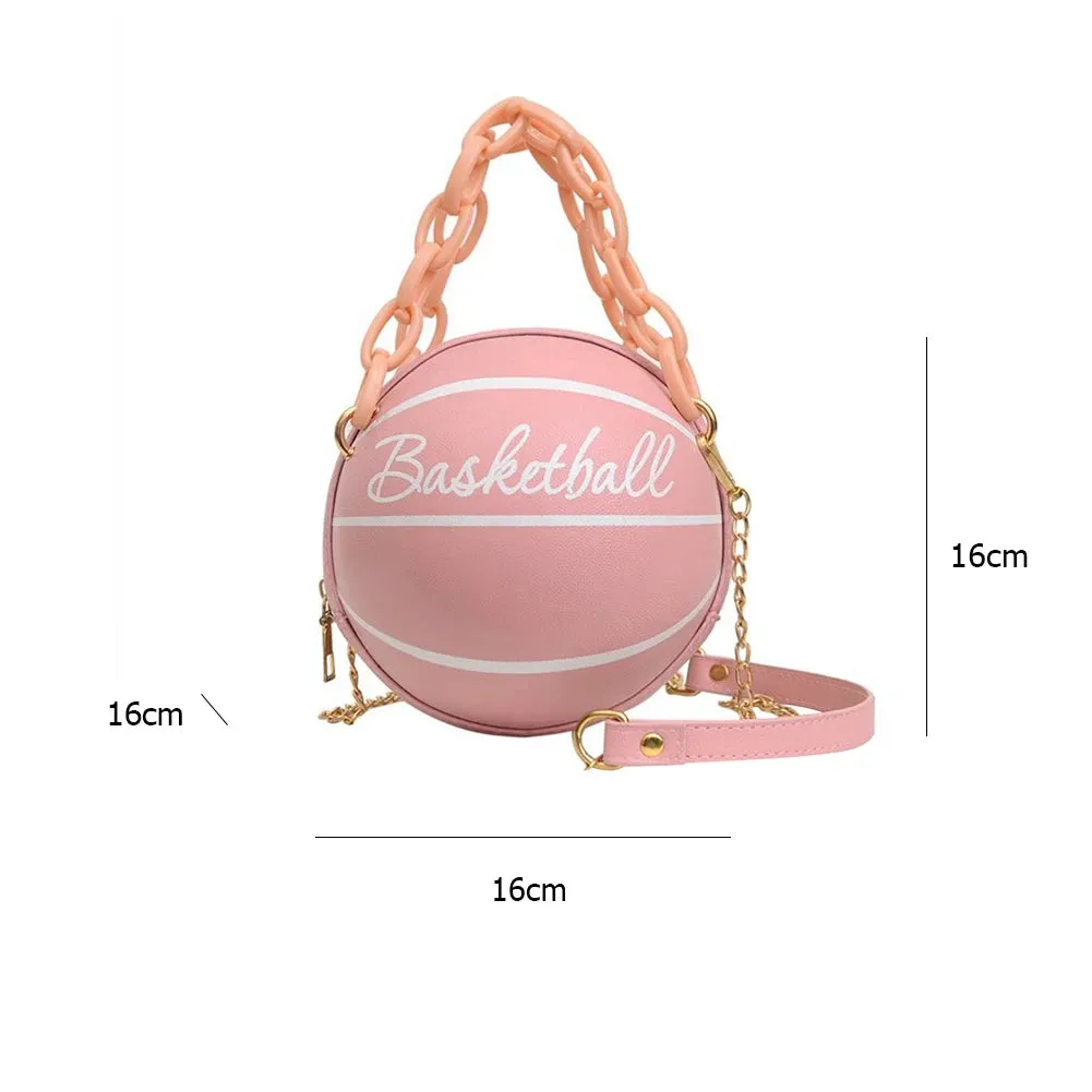 Women Basketball Shaped Mini Shoulder Bag Zipper PU Leather Small Tote Bag Chain Bag Basketball Purse for Girls Women