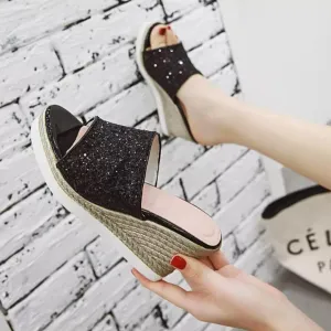 Women's Petite Glitter Upper Wedge Sandals MS87