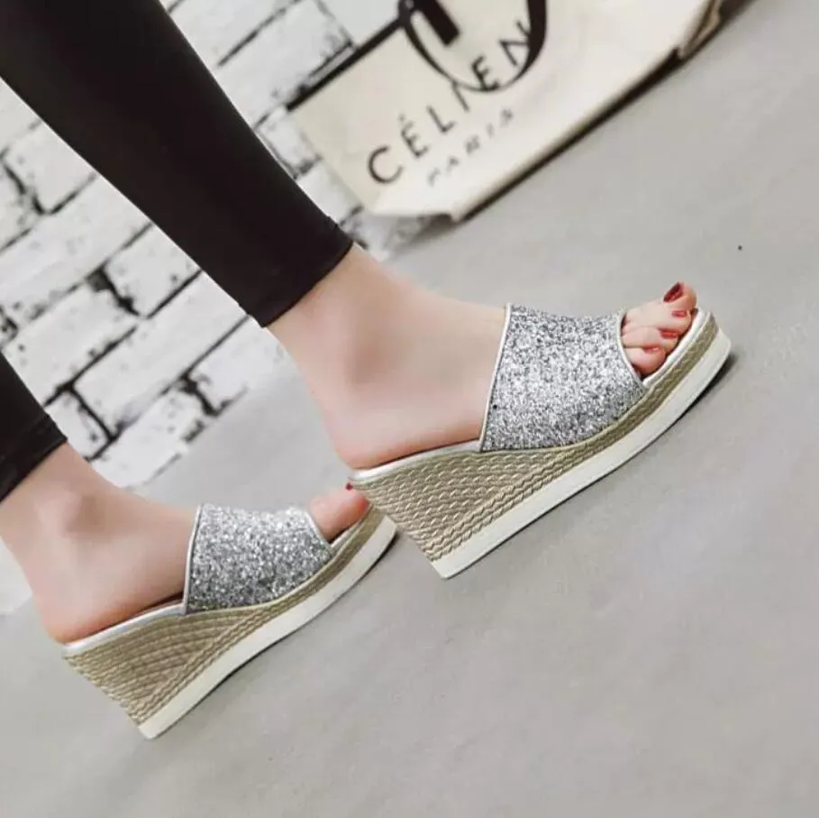 Women's Petite Glitter Upper Wedge Sandals MS87