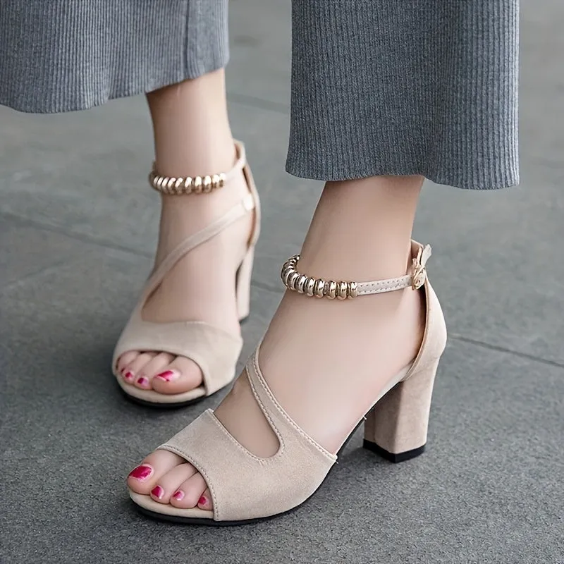 xieyinshe  Women's Beaded Solid Color Sandals, Peep Toe Ankle Buckle Strap Chunky Heel Comfy Shoes, Versatile Summer Shoes